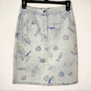 Vintage Braxton Jean Skirt Stretch Tropical Print